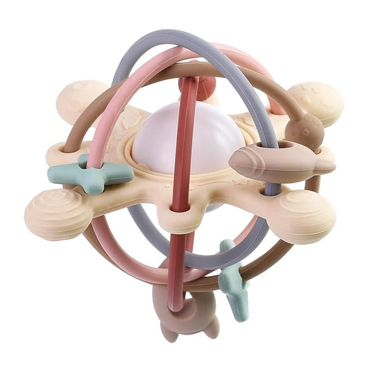 Baby Teether Toy for Babies 3 Months+, Silicone Baby Teething Toys, Rattle Sensory Teether Toy for Sore Gums, Baby Chew Toys for Sucking Needs, BPA Free, Navajo White