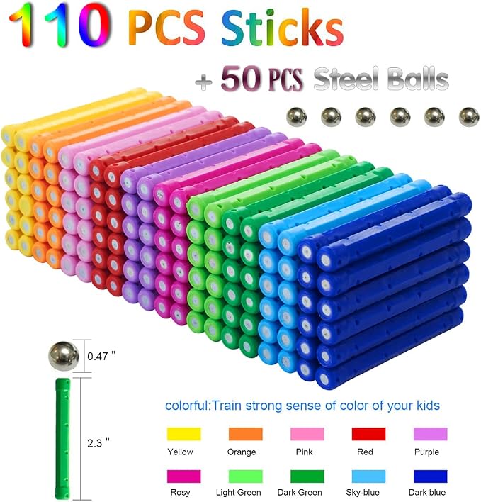 160pcs Building Blocks Toys, 2.3" Magnetic Sticks and Non-Magnetic Balls Set, 3D STEM Game for Kids and Adults With Storage Bag