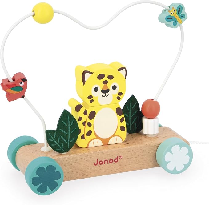 Janod - Pull-Along Tiger with Abacus Motor Skills Circuit - Wooden Pull-Along Toy - Develops Awareness, Motor Skills and Imagination - from 12 Months - J08281
