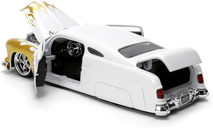 Jada Toys Bigtime Muscle 1:24 1951 Mercury Die-cast Car – Opening Doors, Hood, Trunk, Rubber Tires(White/Gold Flames)