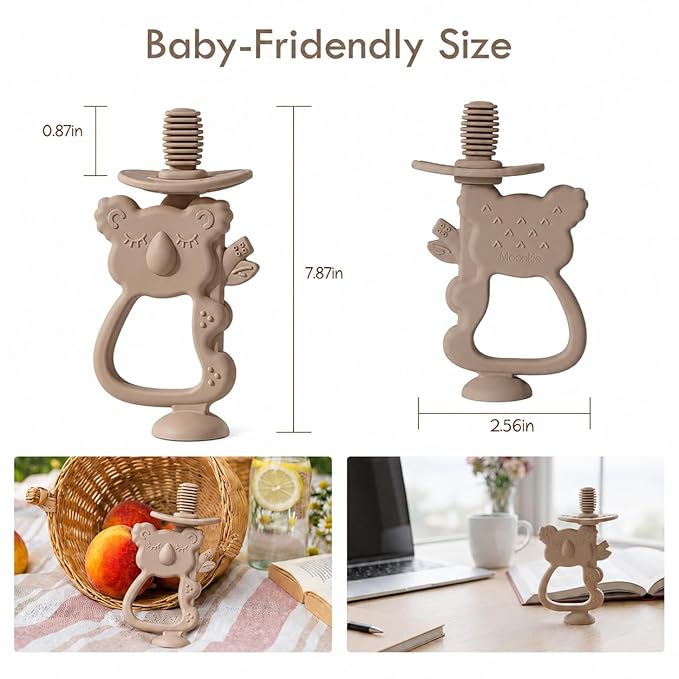 Moonkie Teething Toy, Safe & Easy to Hold BPA Free Silicone Teethers, 360° Baby Toothbrush with Suction Base, Teether Toys Best for Babies 6-12 Months (Koala Warm Taupe)