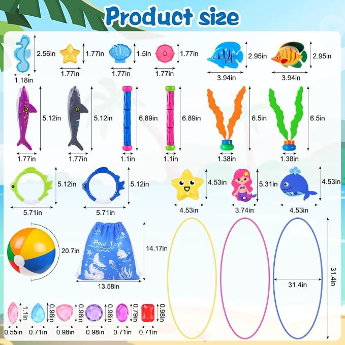 YUJUN 31 PCS Pool Diving Toys Big Rings Swim Thru Rings Pool Game Toys Summer Underwater Game with Pool Fishes Dive Sticks Gems Storage Bag Swim Birthday Party Favors for Kids Teens Adults