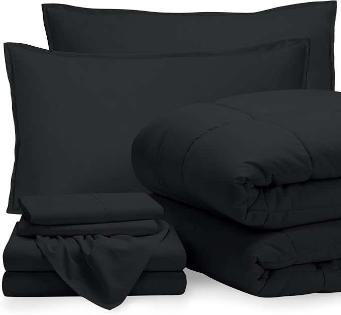 Bare Home Bed-in-A-Bag 7 Piece Comforter & Sheet Set - Full - Goose Down Alternative - Ultra-Soft 1800 Premium - Bedding Set (Full, Black/Black)