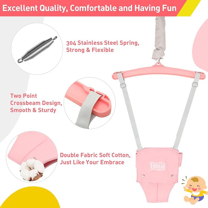 FUNLIO Baby Jumper with Stand for 6-24 Months, Infant Jumper for Indoor/Outdoor Play, Toddler Jumper for Baby Girl/Boy, with Adjustable Chain, Easy to Assemble & Store (with Stand) - Pink