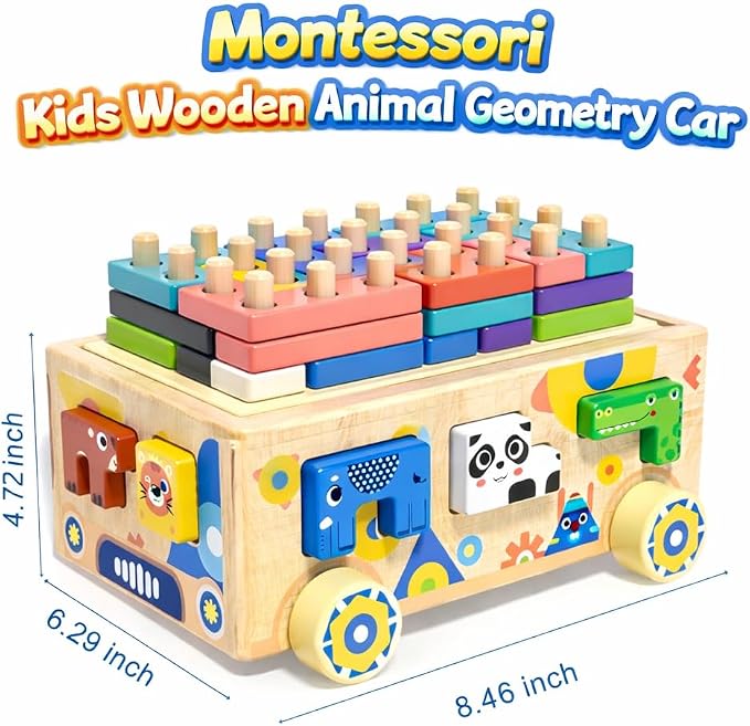 Wooden Montessori Toddler Toy Car Animal Shape Sorting & Peg Stacking Blocks Educational Learning Toy for Toddlers Ages 2-4 Fine Motor Skills Preschool Toy Wooden Shape Sorter Gift for Boys Girls