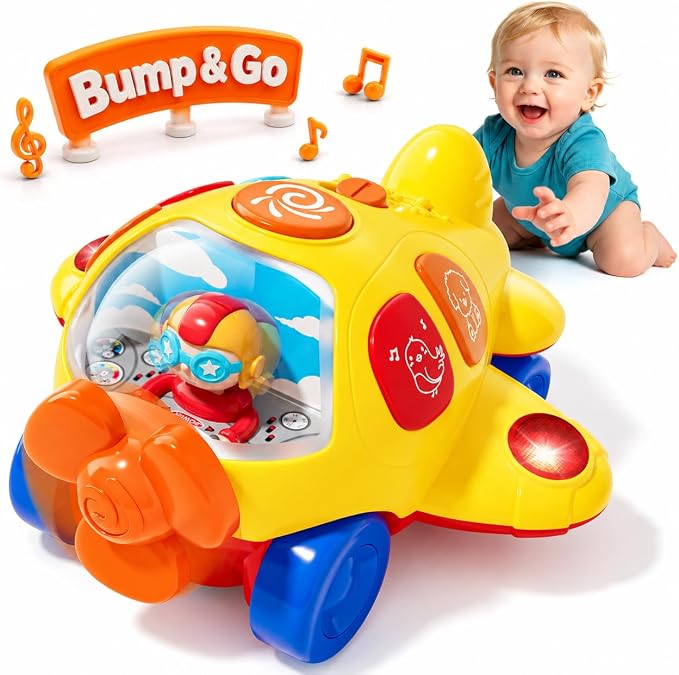 MORECOLL Baby Airplane Toy with Lights & Music, Bump & Go Baby Toys 6-12 Months, Interactive Moving Crawling Tummy Time Toys for 6 7 8 9 10 11 12 18 Months Babies, Birthday Gifts for Infants Toddlers
