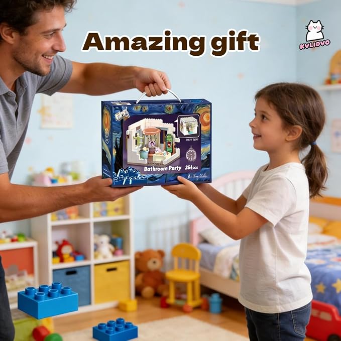 Koko's Cat Town DIY Miniature House Kit, Tiny White House Series Bathroom Building Kit, Dollhouse with 254PCS, Cat Toys Gift for Girls Boys Teens Kids Ages 3+