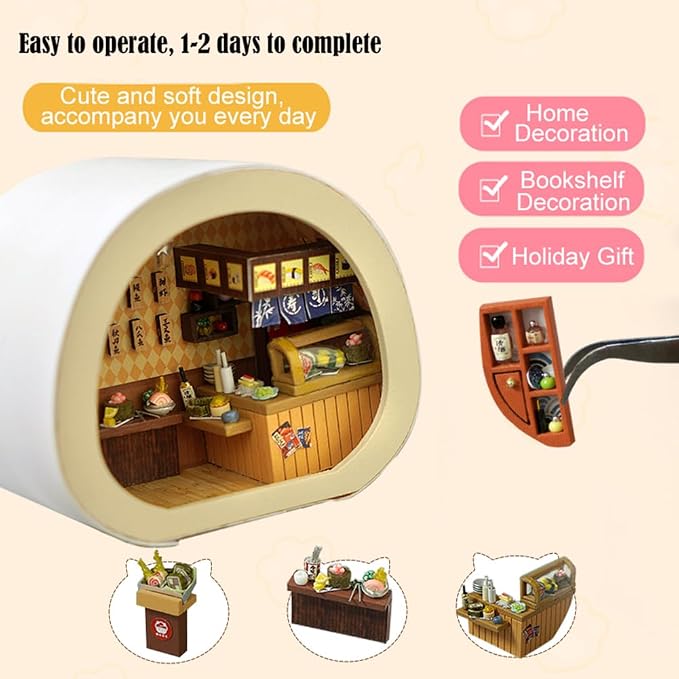Miniature Dollhouse Kit DIY Wooden Dolls House,Tiny House kit with Furniture, Great Handmade Crafts Gift for Birthday Valentine's Day (Meow Meow Sushi Shop)