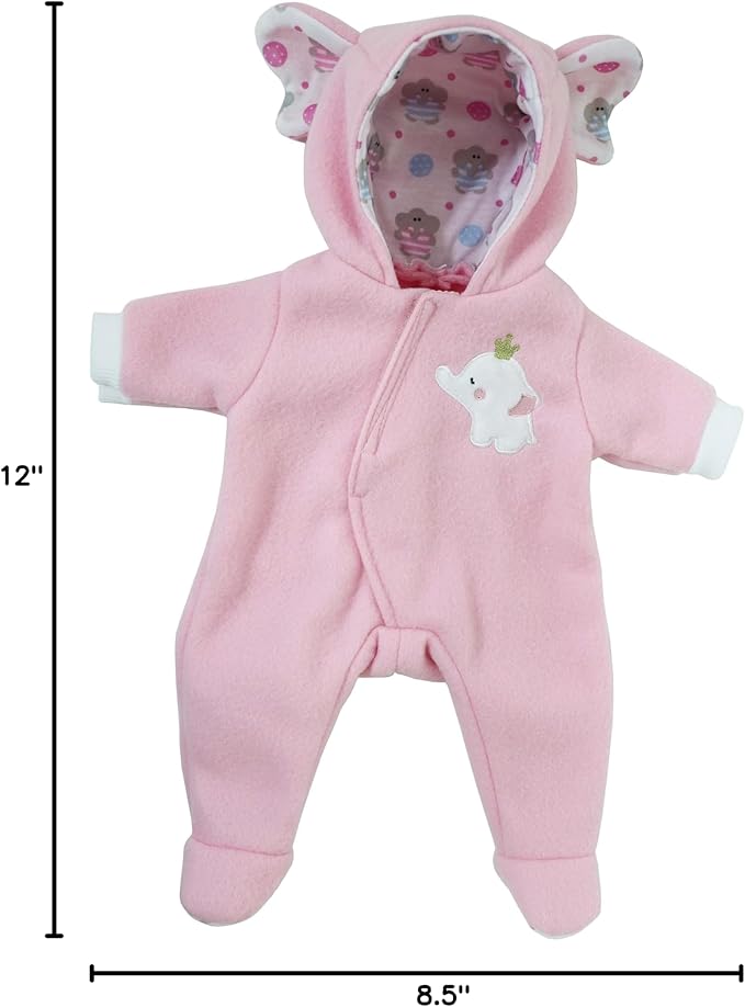 JC Toys | Berenguer Boutique | Baby Doll Outfit | Pink Elephant Themed Hooded Onesie | Ages 2+ | Fits Dolls 14"- 16"