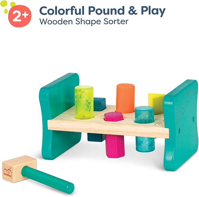 B. toys – Wooden Shape Sorter – Pounding Bench for Shape Sorting – 6 Pegs & Toy Hammer – Classic Toys for Toddlers, Kids – 2+ Years – Colorful Pound & Play