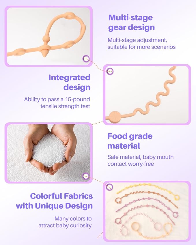 LittleHugs Toy Straps for Baby, 6pcs Adjustable Toy Holder for Stroller Accessories, Silicone Tether Pacifier Clip, No Throw Travel Essential Leash for High Chair, Car Seat