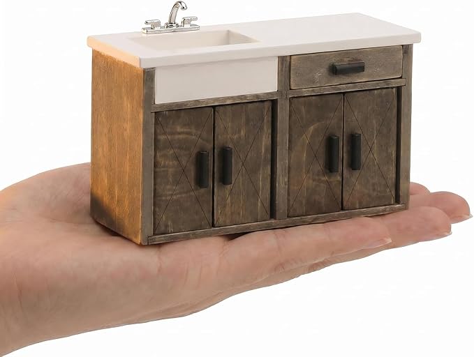 Dollhouse Furniture 1/12 Scale Miniature Sink Cabinet Wooden Bathroom Vanity Cabinet with Openable Drawer and Doors (Gray)