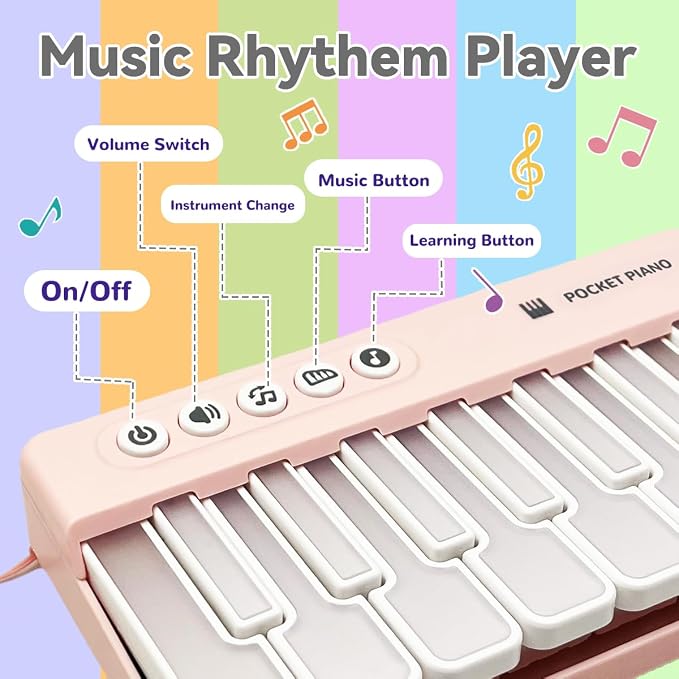 Toddlers Piano Toy with Rainbow Lights, Portable Travel Piano Keyboard Musical Instrument Learning Toys, Music Interactive Birthday Gift for 3 4 5 Year Old (Pink)