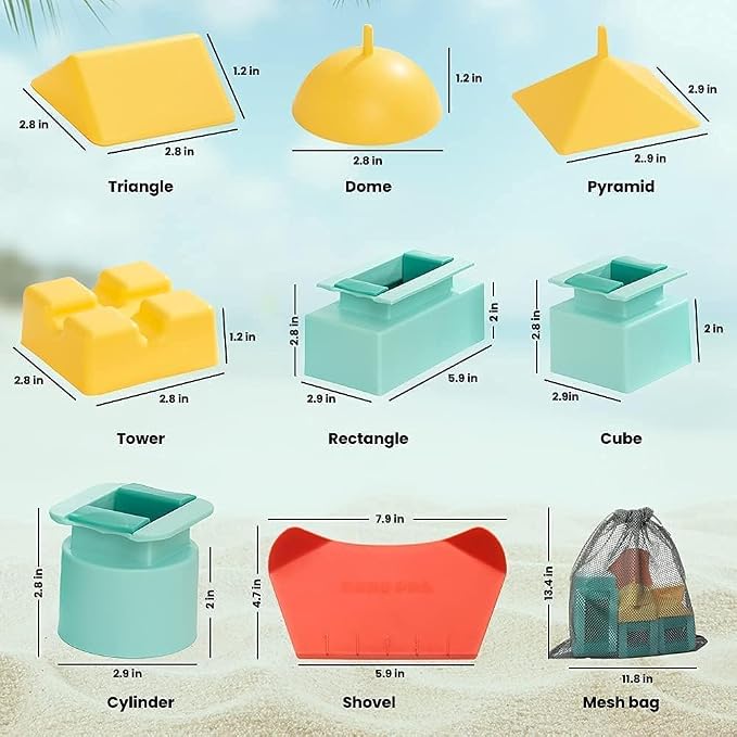 Sand Pal Beach Toys for Kids - 9 Pieces Travel-Friendly Snow Toys for Kids Ages 3-12 - Outdoor & Indoor Play Sandbox Toys Set - Sand/Snow Castle Building Molds & Tools Kit for Adults with Mesh Bag
