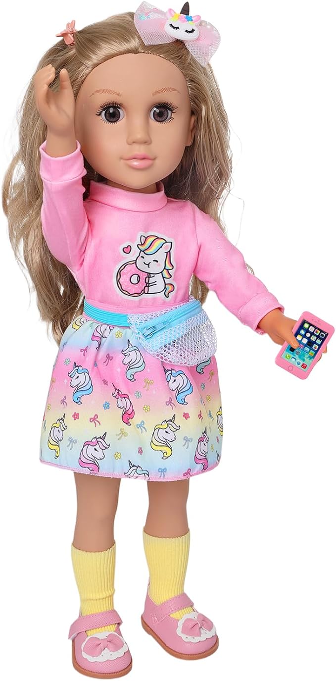Ecore Fun 18 Inch Girl Doll with Clothes Accessories, Fashion Doll with Styling Brown Hair, Unicorn Hair Clip, Phone, Bag, Outfit & Shoes, Gift Ready for Birthday & Pretend Play