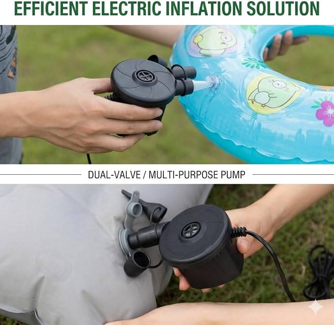 Air Pump Portable Quick-Fill Air Pump with 3 Nozzles,5kPa for Inflatables Mattress Pool Floats Toy Water Raft Bed Boat Pool Toy with 110 US Adaptor and Car-Powered 12v-DC