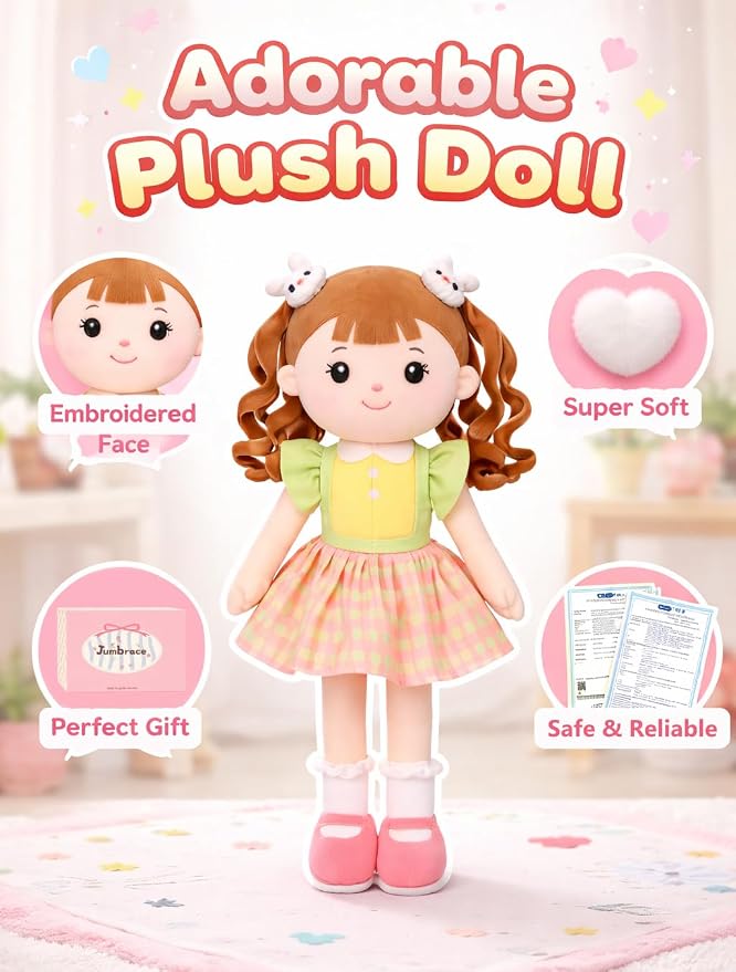 Soft Bunny Baby Doll – 16" Plush Baby Rag Doll with Rabbit Clips, First Baby Doll for 1-Year-Old Girls, Plush Doll for Toddlers and Infants