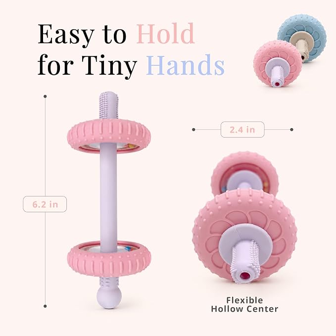 2 Pack Baby Teething Toys for 3-6 Months, Dumbbell Teether for Babies 6-12 Months, Silicone Baby Teether Toys with Textured Chew Surfaces, Rattle Baby Chew Toy for Infants (Blue & Pink)