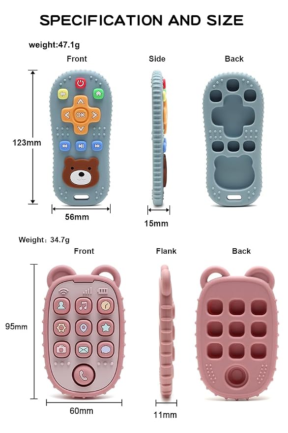 HippoBaby 2-Pack Silicone Teethers – Remote Control & Phone Teething Toys with Popper Buttons, BPA-Free, CPC Certified Baby Essentials for Infants & Toddlers (Remote/Phone - Dark Blue/Grey)