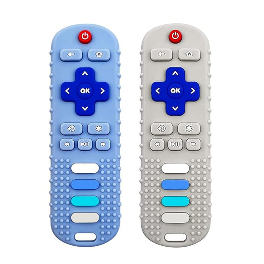ROBBEAR Baby Teething Toys, Food Grade Silicone Teether for Babies 3 6 12 18 Months, TV Remote Shape Toddlers Chew Toys, Freezer BPA Free (Blue+Beige)