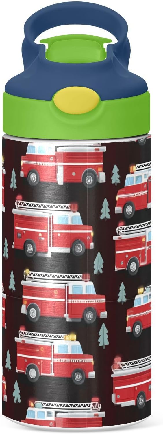 Boccsty Red Fire Rescue Truck Kids Water Bottle with Straw Lid Insulated Stainless Steel Reusable Tumbler for Boys Girls Toddlers 12 oz Green