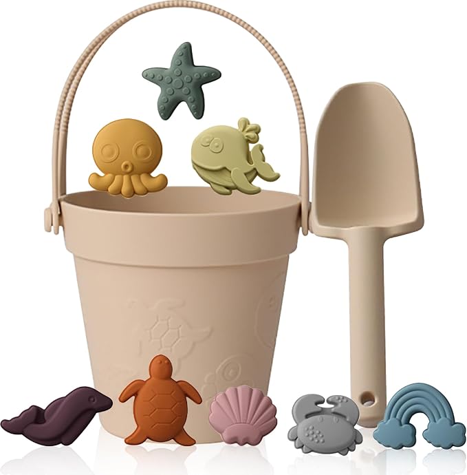 RoseFlower Silicone Sand Toys Set for Toddlers, Portable Travel Beach Sand Toys with Collapsible Bucket, Shovel, 8 Molds Dolphins, Starfish, Turtles & Mesh Storage Bag for Kids, Summer Gift-Beige