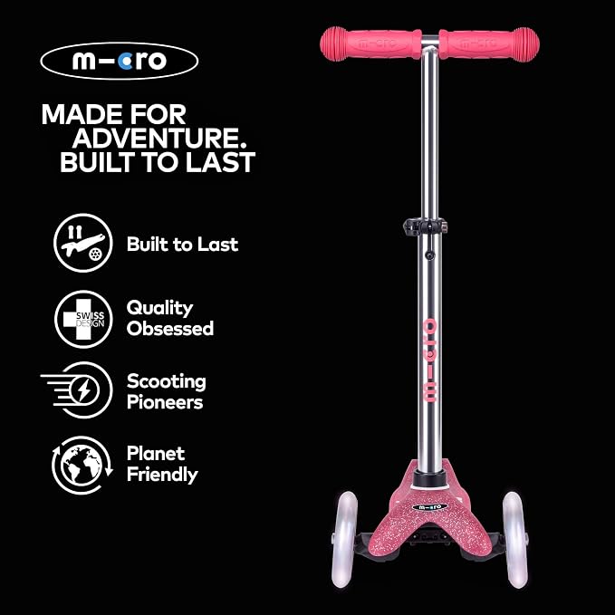 Micro Kickboard | Mini Deluxe Glitter LED Kids Scooter for Ages 2–5 | Children up to 110 lbs | 3 Wheel Lean-to-Steer Design | Adjustable T Bar | Motion-Activated PU LED Wheels | Swiss Design