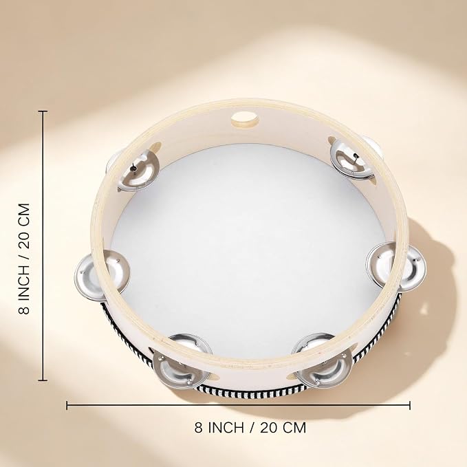 Tambourine for Church 8 inch Hand Held Drum Bell Birch Metal Jingles Percussion Musical Educational Drum Instrument for KTV Party Kids Games by Musfunny (8 inch)