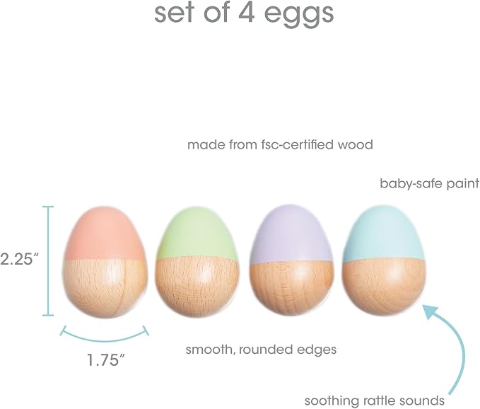 Pearhead Wooden Egg Shaker Baby Toy Set – 4-Piece Montessori Musical Sensory Toy, FSC-Certified Wood Rattle, Develops Rhythm & Fine Motor Skills, Pastel Baby Maracas for Boys and Girls, 0+ Months