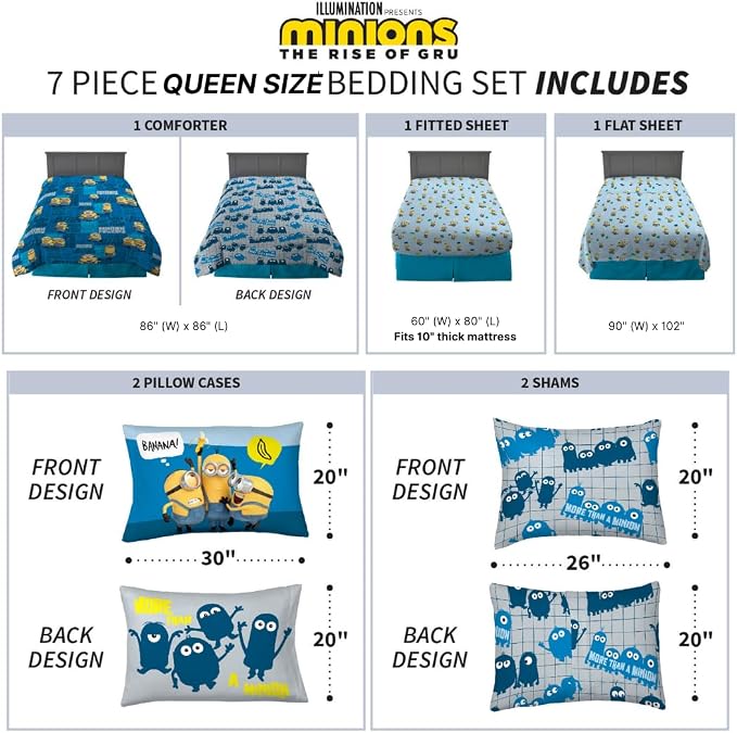 Minions The Rise of Gru Kids Bedding Super Soft & Cozy Reverisble Microfiber Comforter and Sheet Set with Sham, 7 Piece Queen Size, (Officially Licensed Product) By Franco