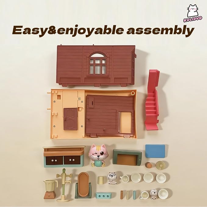 Koko's Cat Town DIY Miniature House Kit,Tiny Pink House Series–Cafes Building Kit,Dollhouse for 3 and up, Dollhouse Building Kit with Cats,Cat Toys Gift for Teens Kids Ages 3+