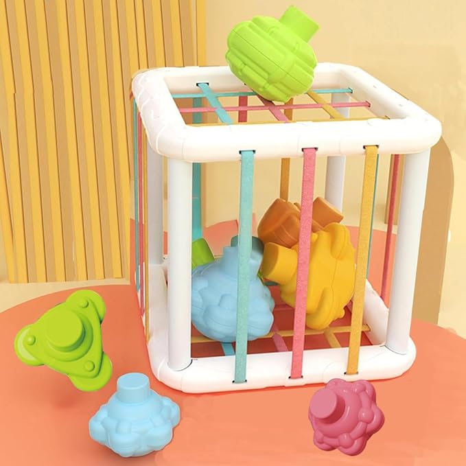 Montessori Toys,6 Pc Multi Sensory Shape Toys and Cube Bin, Shape Sorter Baby Toys for Girls Boys Birthday Gift,Toddler Developmental Learning Toys,Learning & Fine