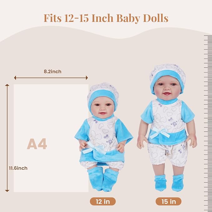 BABESIDE 6 Sets of Baby Doll Clothes for 12-15 Inch Babydolls, 14 Pcs Dolls Clothes and Baby Doll Accessories with Hats, Pants, Headband and Socks, Pretend Play Toys for Kids 3+