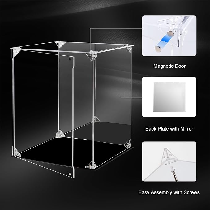 Acrylic Display Case for Collectibles Assemble Clear Acrylic Display Box with Mirrored Back, Alternative Glass Case for Action Figures Lego Model Doll Toys Display (10x10x12 Inch; 25x25x30 cm)