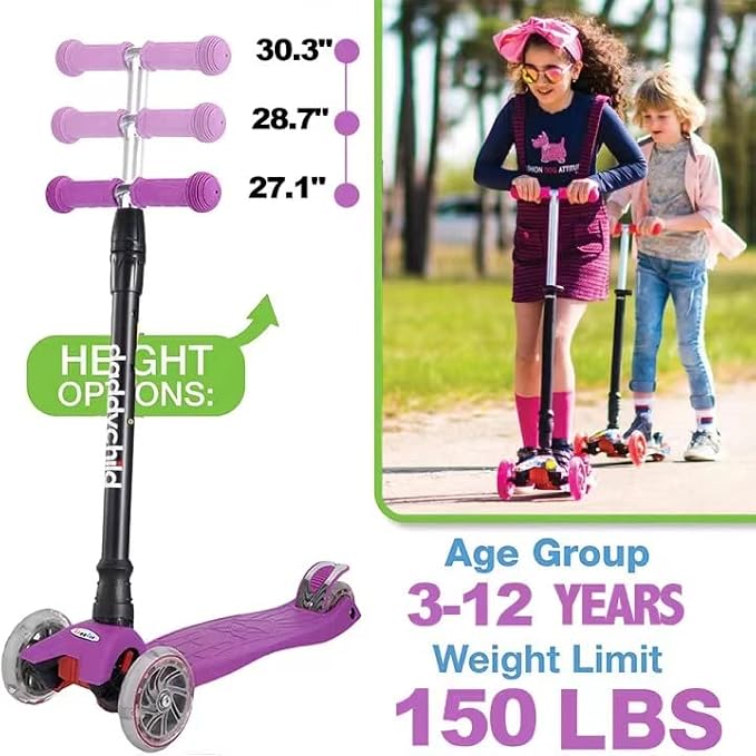 Scooters for Kids 3 Wheel Kick Scooter for Toddlers Girls & Boys, 4 Adjustable Height, Lean to Steer, Extra-Wide Deck, Light Up Wheels for Children from 3 to 14 Years Old