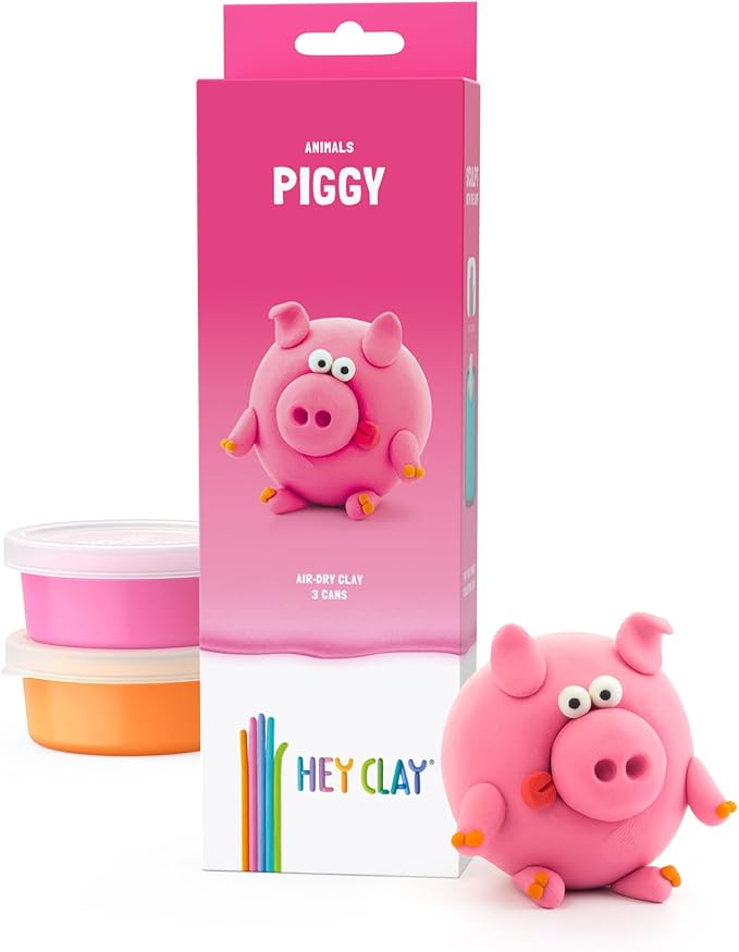 Hey Clay Animals - Claymate Piggy - Colorful Modeling Air Dry Clay for Kids - Air Dry Clay Kit 3 Cans with Fun Interactive App