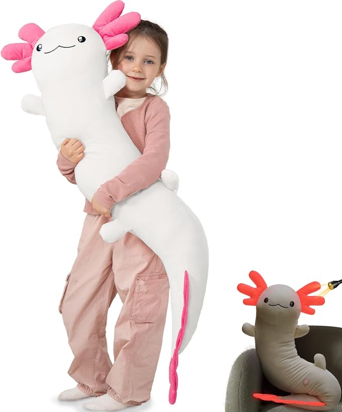 MaoGoLan Giant Axolotl Plush Pillow, Big Axolotl Plush Stuffed Animal Toy for Kid Girl Boy, Jumbo Stuffed Salamander Body Pillow Glow in The Dark, Birthday Day Gift Baby Shower Party Decor, White