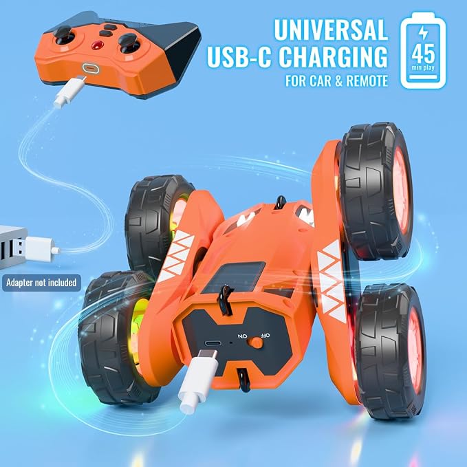MaxTronic Fast Direct Charging Remote Control Car with LED，Exclusive Dual USB-C Charging for Car & Controller - 2.4Ghz 15km/h 360° Flips Rotations 4WD RC Stunt Car Fully Rechargeable for Kids 3-12