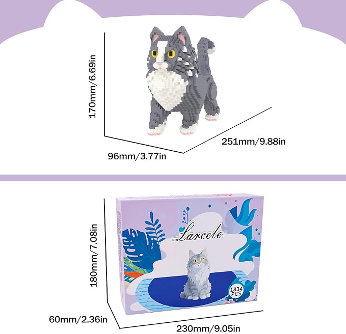 Larcele Micro Building Blocks Set, DIY Mini Building Toy Bricks for Age Over 12 Years, 1834 Pieces KLJM-05 (Maine Coon Cat)