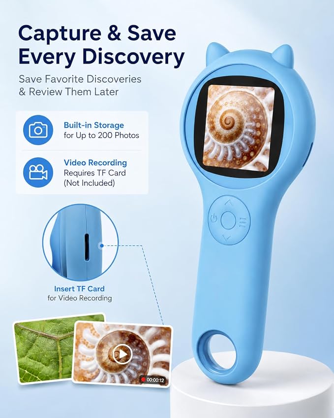 Outdoor Exploration Microscope for Kids, 500X Portable Digital Microscope with 2" IPS Screen, Summer Camping Travel STEM Toy Age 5-12 (Blue)