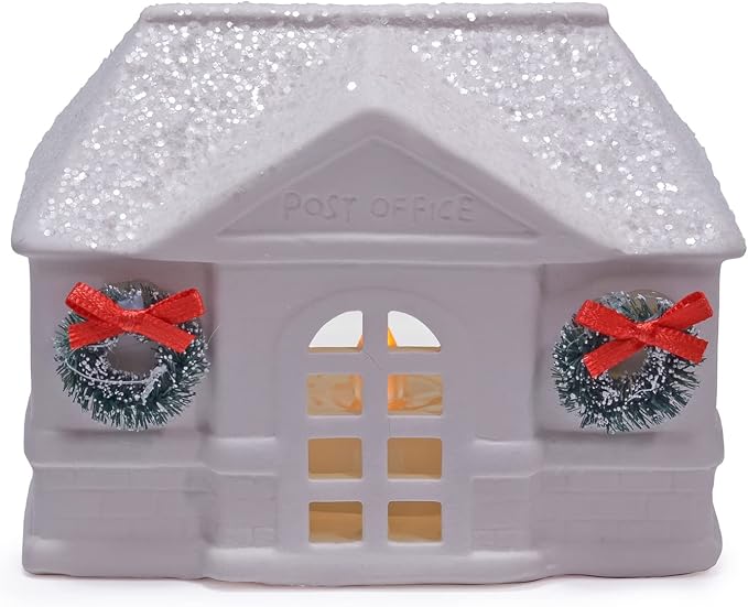 Mark Feldstein & Associates Holiday Wreath Village with Trees, White Unglazed Porcelain LED Christmas Figurines, 18 Piece Set
