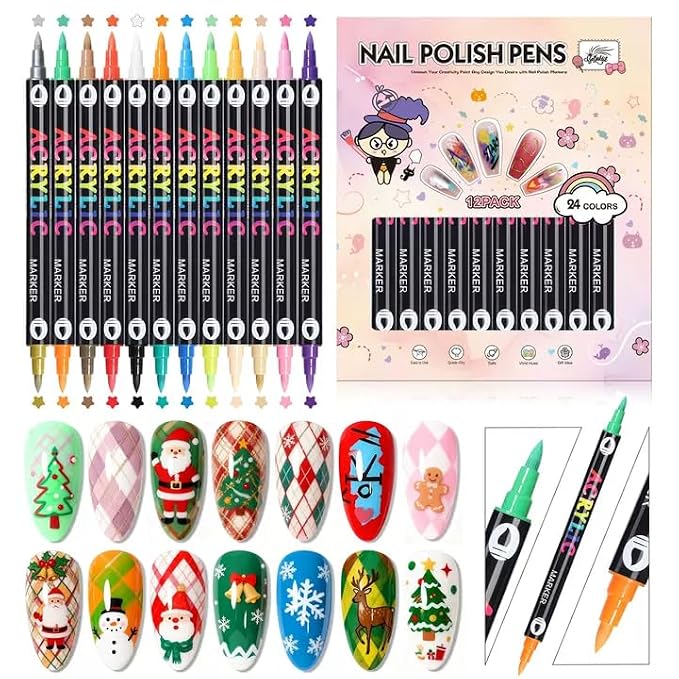 24 Colors(12Pcs-dual) Nail Art Pens Set, 3D Nail Polish Pens Quick-Drying Acrylic Paint Markers, Dotting Liner Brush for DIY Nail Design, Home & Salon Manicure Tools, MarkerPen