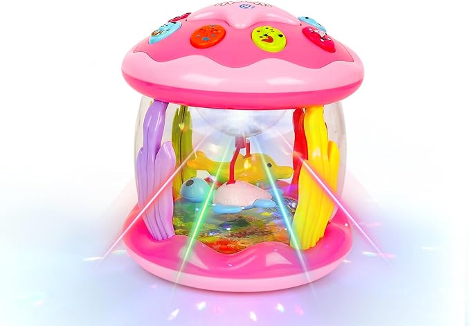 M SANMERSEN Baby Girl Toys 12 Months - Babies Ocean Rotating Projector Light Up Musical Toys for 12-18 Months Crawling Learning Tummy Time 1 2 Years Old Infant Boys Girls Pink