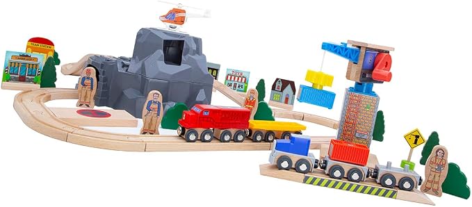 Wooden Train Set Kids Lift & Load Magnetic Crane Helicopter Semi Truck Shipping Containers Diesel Engine STEM Construction Playset Compatible with Thomas Brio Wooden Railway Toy for Toddlers Starter