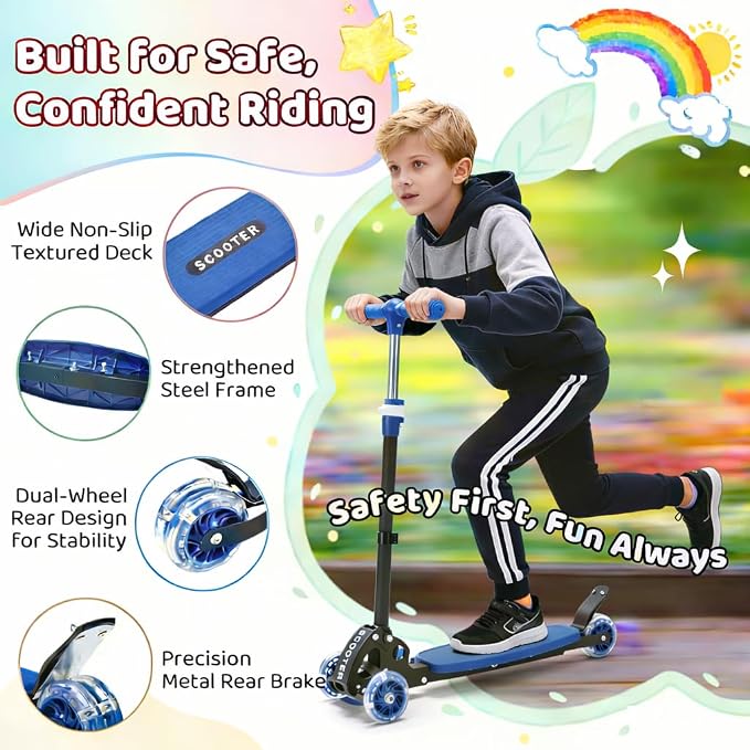 Kick Scooters for Kids 5-7 8-12,Lean to Steer,Three Wheeled Light Up,28"-32" Adjustable Handlebar,Widen Anti-Slip Deck,Floor Push Scooter for Boys Girls Ages 6-12 3-4 Old,Foldable for Travel