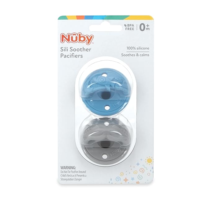 Nuby 3-D Sili Soother Pacifiers with Soft Handle and Two Safety Air Holes, 2 Pack, 0+ Months, Blue Spaceship and Gray Mustache