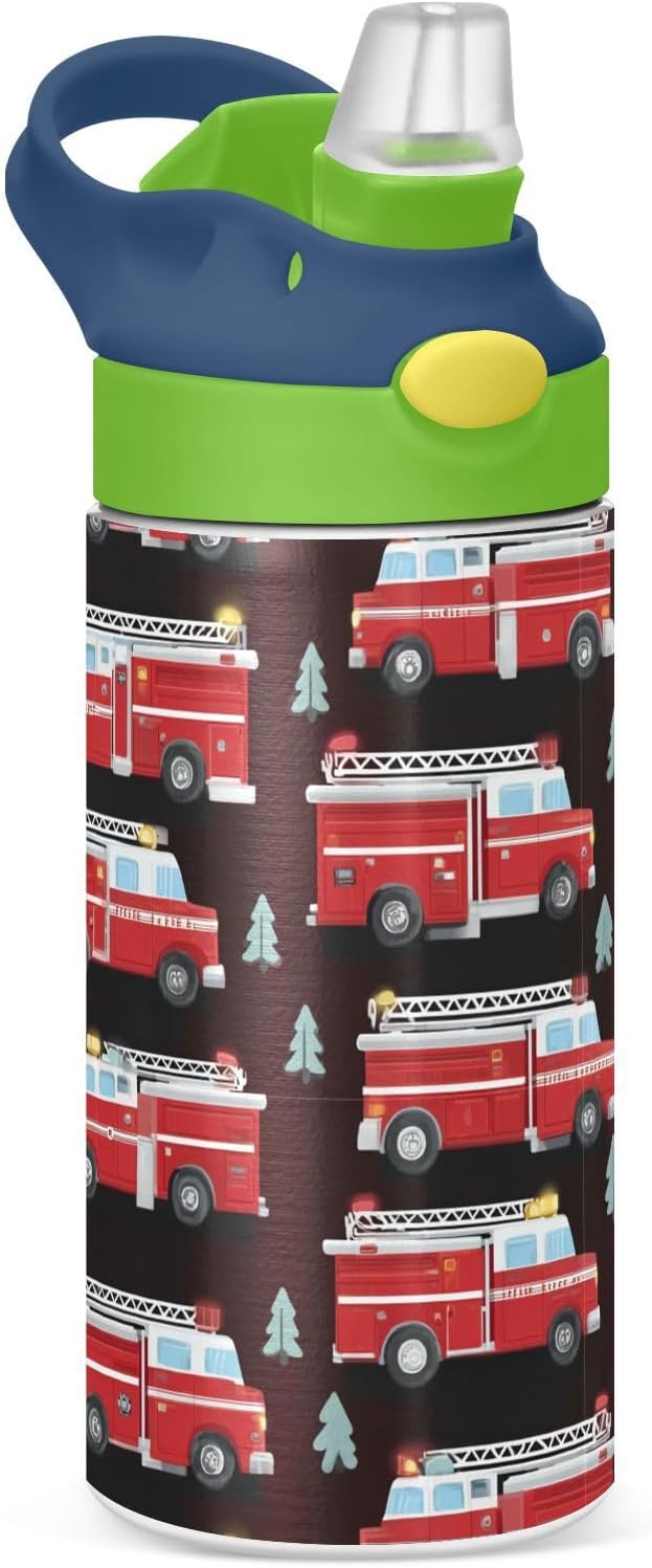 Boccsty Red Fire Rescue Truck Kids Water Bottle with Straw Lid Insulated Stainless Steel Reusable Tumbler for Boys Girls Toddlers 12 oz Green