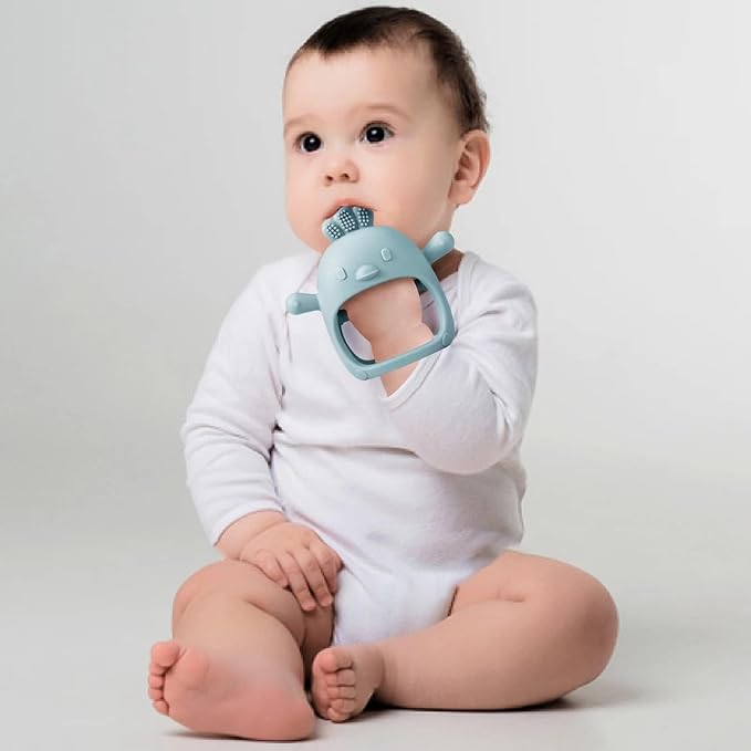 PandaEar 2 Pack Silicone Teething Toys | Baby Teether Mitten & Hand Pacifier for Soothing Teething Pain Relief (White/Blue)