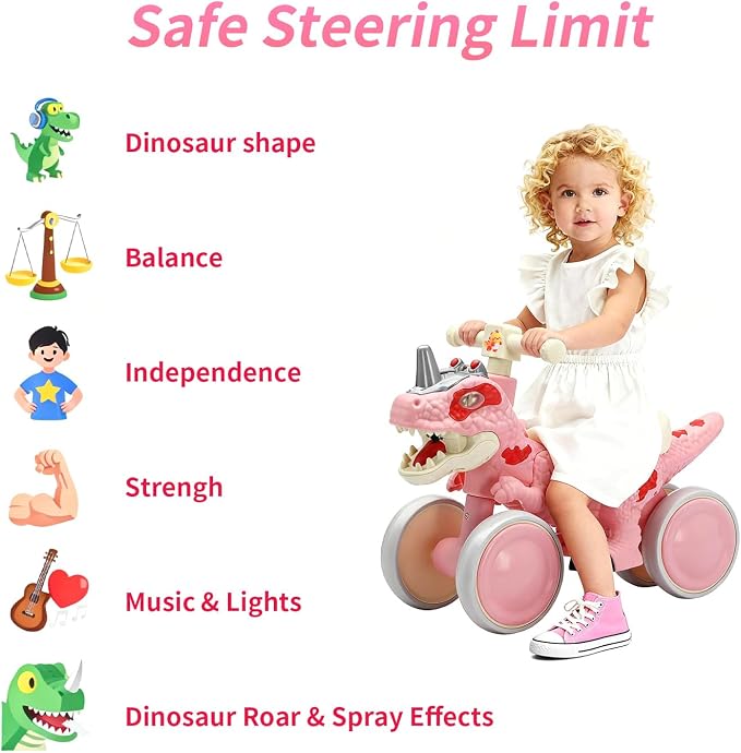 Dinosaur Balance Bike for 1-3 Year Olds, 4-Wheel No-Pedal Bike for Walker, Ride on Toys for Toddlers with Music and Mist Spray, First Birthday Gift for Boys & Girls (Pink)