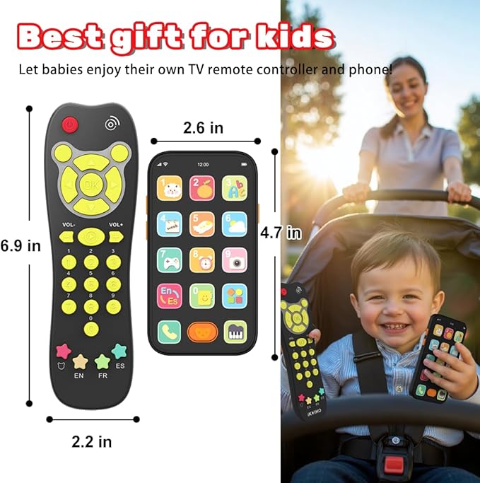 Baby Phone TV Remote Toy Set, Bilingual Play Phones Toy Remote for Baby with Music Light for 6+ Months, Early Learning Baby Toys Gift for 1 Year Old Boys Girls Toddler Infant, English/Spanish, Black